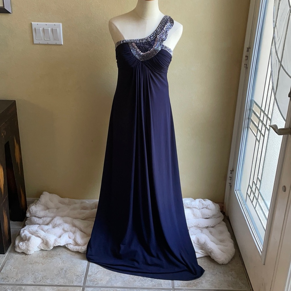 Beautiful One Shoulder Navy Gown with Beading